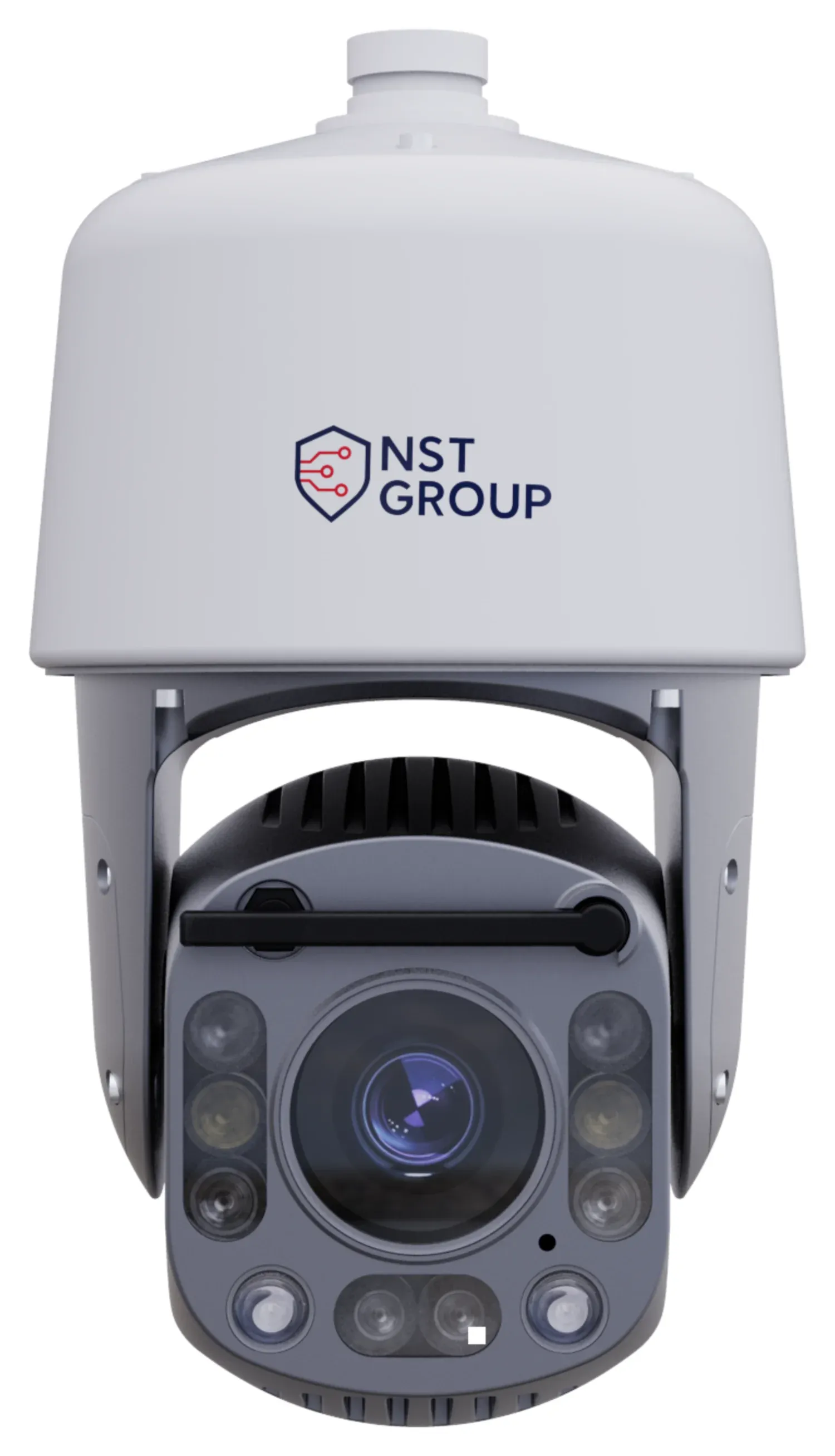 Camera AI PTZ NST-TP-8000 dạng bán cầu tốc độ cao màu trắng, có cụm ống kính zoom và dàn đèn hồng ngoại